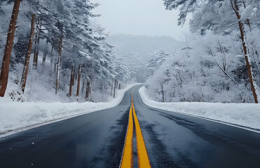 Obraz premium Scenic winter view of a curvy road lined with frosted trees and a tranquil atmosphere 