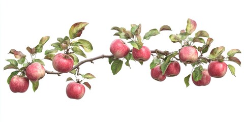 Three branches of an apple tree with ripe red apples against a white background. The apples are fresh and shiny, suggesting they are ready for picking.