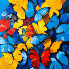 A stunning abstract composition of vibrant butterflies arranged in a perfect circle, painted with bold acrylic strokes. The butterflies, in varying shades of blue, yellow, and red, create a modern art