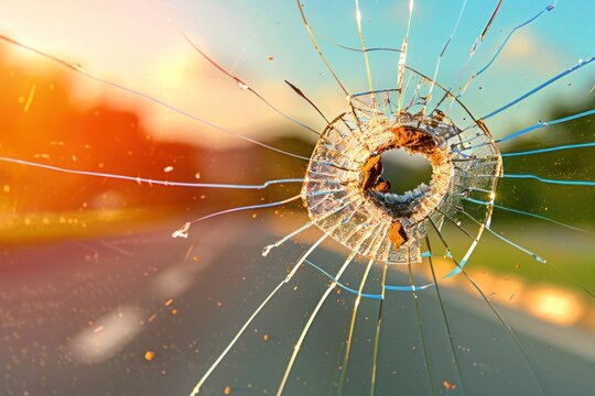 Cracks on Windshield from Flying Stone on Empty Freeway