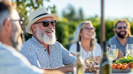 Senior friends enjoying outdoor wine tasting in sunny vineyard setting - Powered by Adobe