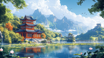 Fototapeta premium Chinese style garden natural scenery 