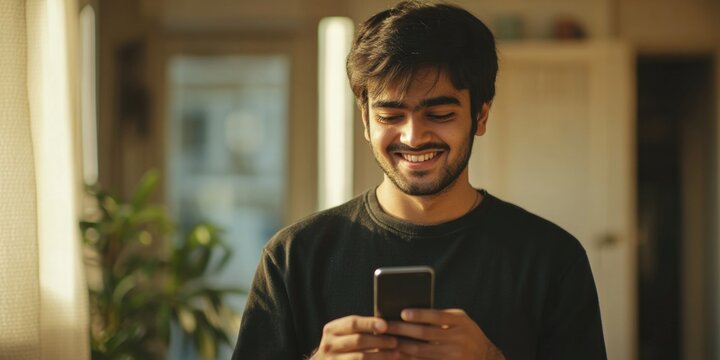 Young Man Smiling and Using Phone