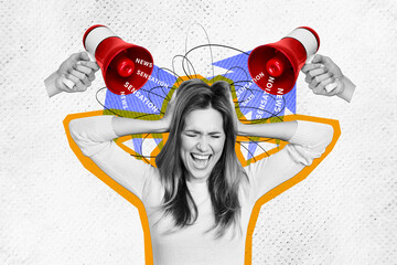 Composite trend artwork sketch photo collage of silhouette young lady sad emoji burnout hand hold loudspeaker breaking news sensation word