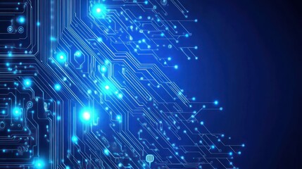 Obraz premium Abstract digital circuit design with glowing blue lights on a dark background.