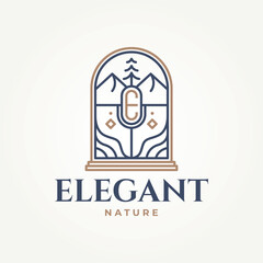 minimalist mountain nature abstract badge line art icon logo vector illustration design. simple modern bohemian travel nature emblem logo concept