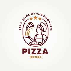 Obraz premium minimalist the chef is making pizza line art badge icon logo vector illustration design. simple modern restaurant, pizzeria, fast food emblem logo concept