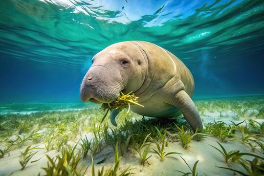 Sea cow feeding on seagrass from a high angle view