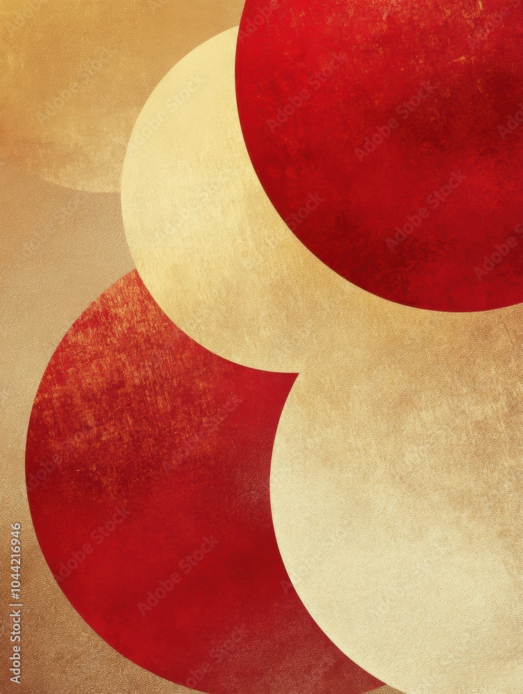 Poster abstract red and golden spots form circles reminiscent of christmas ornaments, adding a festive touc