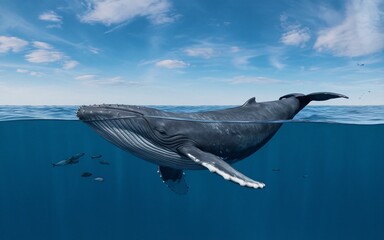 Fototapeta premium Humpback whale breaching the surface of the ocean with fish swimming nearby.
