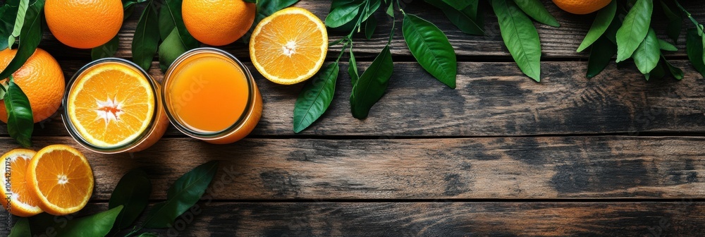 Poster Two glasses of orange juice are placed next to whole oranges and green leaves on a rustic wooden table, creating a refreshing summer vibe. Generative AI