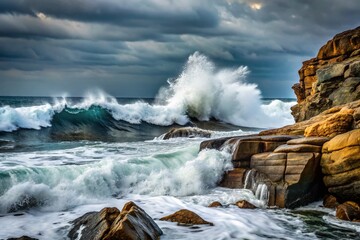 Ocean Waves Crashing Against Rocky Shore in Stormy Weather - Dramatic Seascape Photography