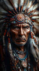 Obraz premium Portrait of a Native Indian man who is a chief and elder wearing a headdress with feathers. A crown of feathers. Space for text. Native Indian tribe concept.
