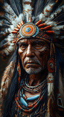 Obraz premium Portrait of a Native Indian man who is a chief and elder wearing a headdress with feathers. A crown of feathers. Space for text. Native Indian tribe concept.