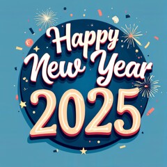 Happy New Year 2025 Circular Design with Confetti and Fireworks