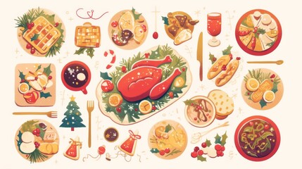 a traditional Thanksgiving and Christmas dinner featuring roasted chicken, hot chocolate cookies, and an array of dishes including waffles, salad, and sweets. 