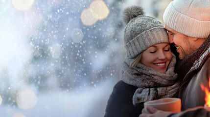 Couple embracing warmly in a snowy winter wonderland, AI