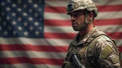 Fototapeta premium Soldier standing in front of American flag patriotic military scene