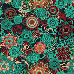 Seamless pattern with abstract oriental style pattern. Bright ornate circular patterns and abstract lines.