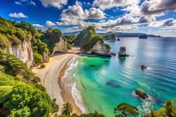 Selbstklebende Fototapeten Panoramic Tilt-Shift Photography of Cathedral Cove Beach in Summer, Capturing Stunning Coastal Views and Vibrant Blue © Arnada
