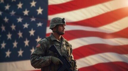 Fototapeta premium Soldier standing in front of American flag patriotic military scene