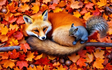 Fototapeta premium mother fox and her baby squirrel lying on a bed of autumn leaves. The fox is lying on its back with its head resting on its front paws, while the squirrel is curled up next to it. The leaves are in va