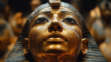 Obraz premium Golden head of the sarcophagus of an Egyptian pharaoh in a museum
