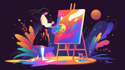 Naklejka premium Flat vector illustration of an artist painting on a canvas in front of a colorful holographic display, set against a black gradient background.