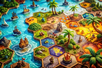 Fototapeta premium Pirate-Themed Hexagonal Board Game Map in Caribbean Style for Adventure Lovers and Game Enthusiasts