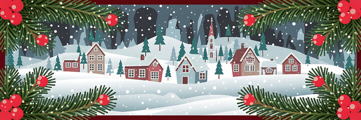 Snowy Christmas village with red houses and green pine branches  perfect for winter holiday greetings and festive designs   