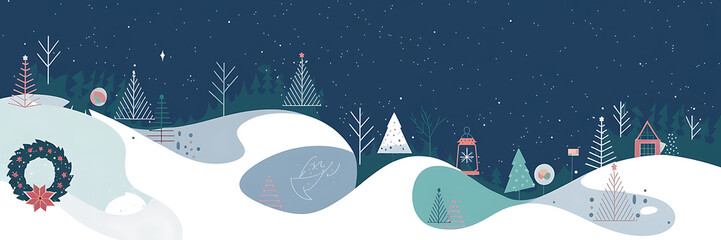 Naklejka premium Winter wonderland with snowy hills pink and green trees and a starry night sky perfect for Christmas and holiday designs 