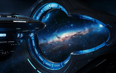 Futuristic spaceship and galaxy  dark blue and light blue  sci-fi  space exploration  wonder and excitement  interstellar travel   
