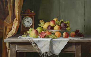 Vintage clock  fruit bowl  yellow and red  still life  classic  timeless  autumn harvest    © AaminaAminah