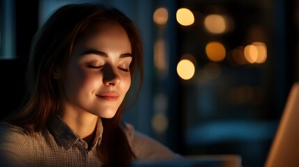 Obraz premium Woman with closed eyes, smiling while looking at a laptop screen at night, sitting in a dimly lit room.