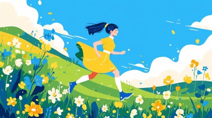 Obraz premium Joyful Girl Running on Grass with Blooming Flowers and Green Hills