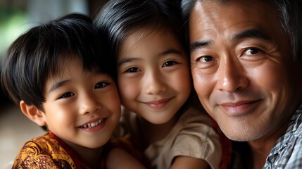 Fototapeta premium Happy Asian family portrait with father and two children smiling at the camera.
