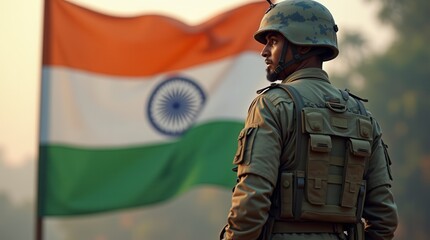 Fototapeta premium Indian soldier standing in front of Indian flag military patriotism