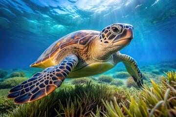 Fototapeta premium Sea turtle Carettochelys insculpta swimming in blue water among algae Extreme Close-Up