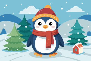  Cute winter penguin with hat and scarf 