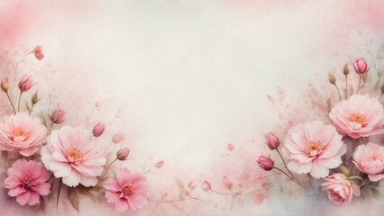 Romantic pink flower frame border with soft pastel background