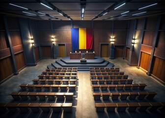 Naklejka premium Romanian Independence Day Celebration in a Dark Lecture Hall - Urban Exploration Photography