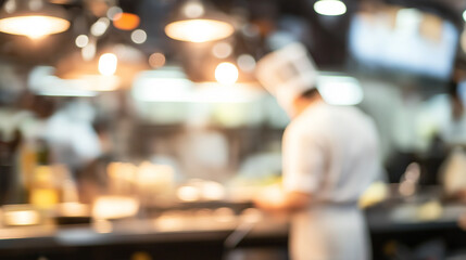 Obraz premium Blurred background of chef cooking in a restaurant kitchen