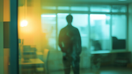 Obraz premium Silhouette of man standing in a doorway, office building, blurry, out of focus, reflection, mysterious, concept