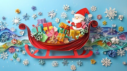 Fototapeta premium A delightful paper art Santa with a sack of gifts, standing beside a large Christmas tree. 3d christmas wallpaper forgreeting card