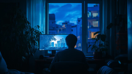 Man sitting at desk in front of computer with cityscape view at night. Concept of late night work, online gaming, digital lifestyle, or remote work