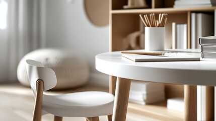 White chair and table in a minimalist home office with books, pencils and notepad.