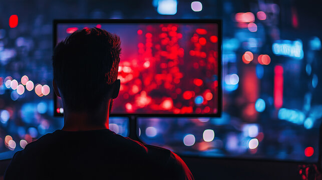 Silhouette of Gamer Playing Video Game at Night with City Lights in Background - Powered by Adobe