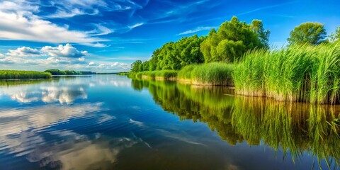 Scenic Daugava Riverbank with Reeds and Mud in Bright Sunshine - Nature Photography