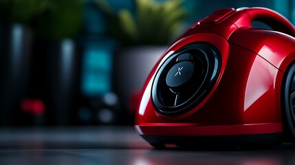 Fototapeta premium Red cordless vacuum cleaner with a black handle and filter on a grey surface.