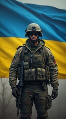 Naklejka premium Ukrainian soldier standing in front of Ukrainian flag military patriotism